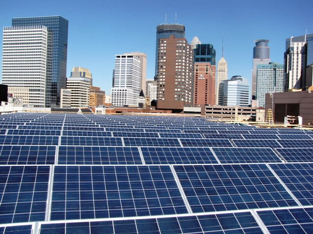 Solar panels city skyline