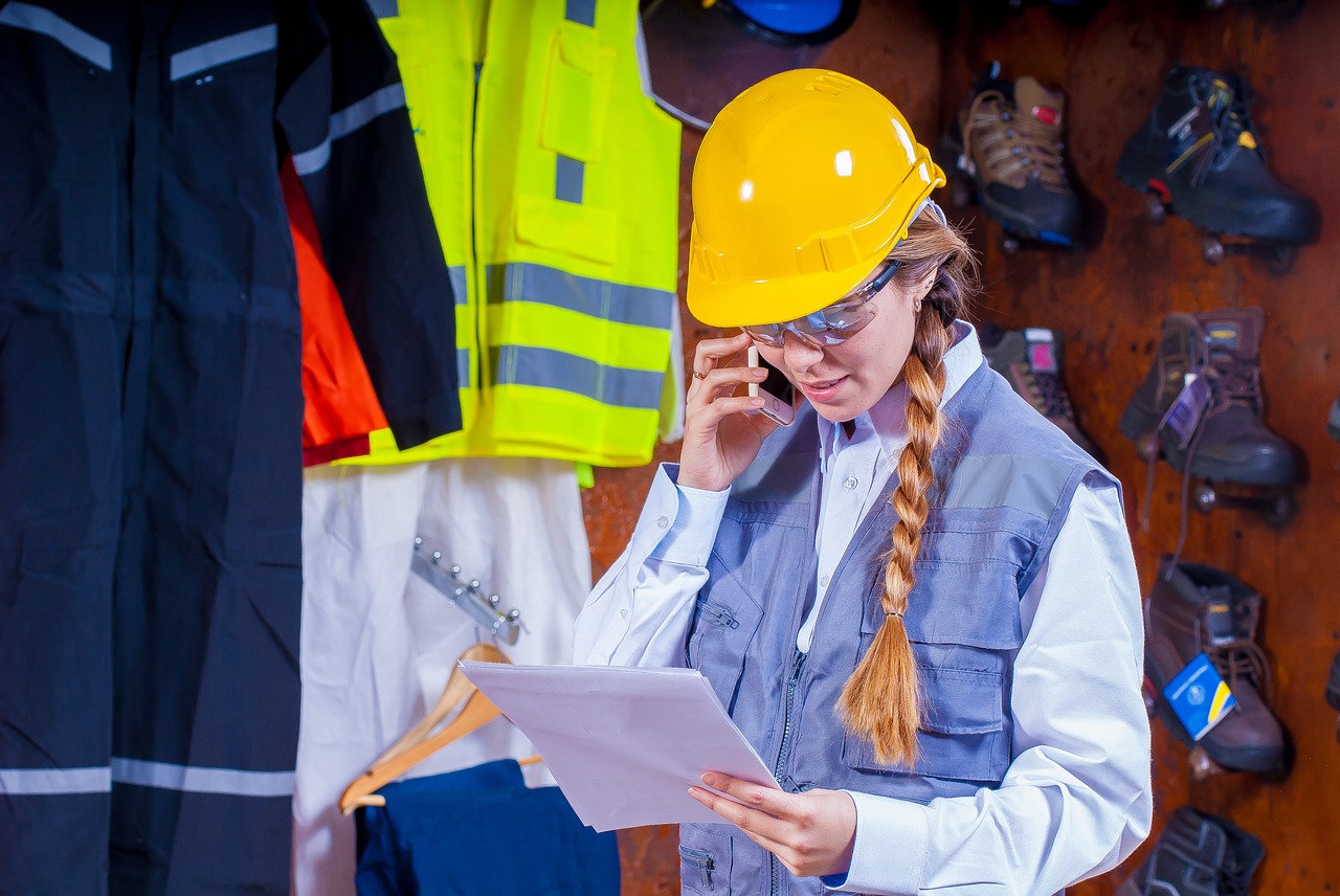 solar panel contractors helmet paperwork talking on phone