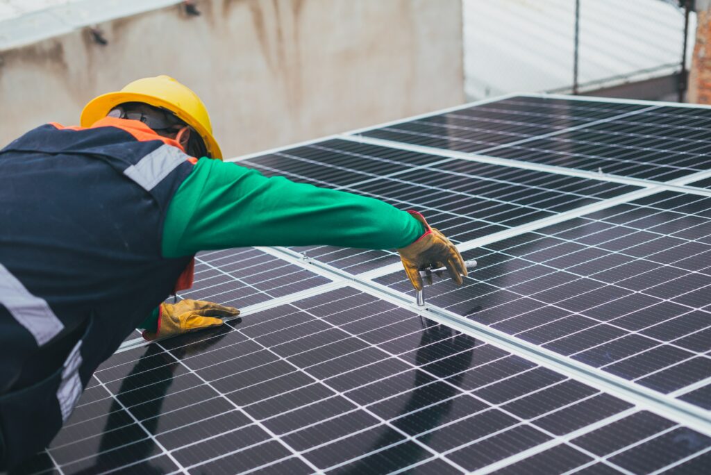 solar panel installer hard hat roof