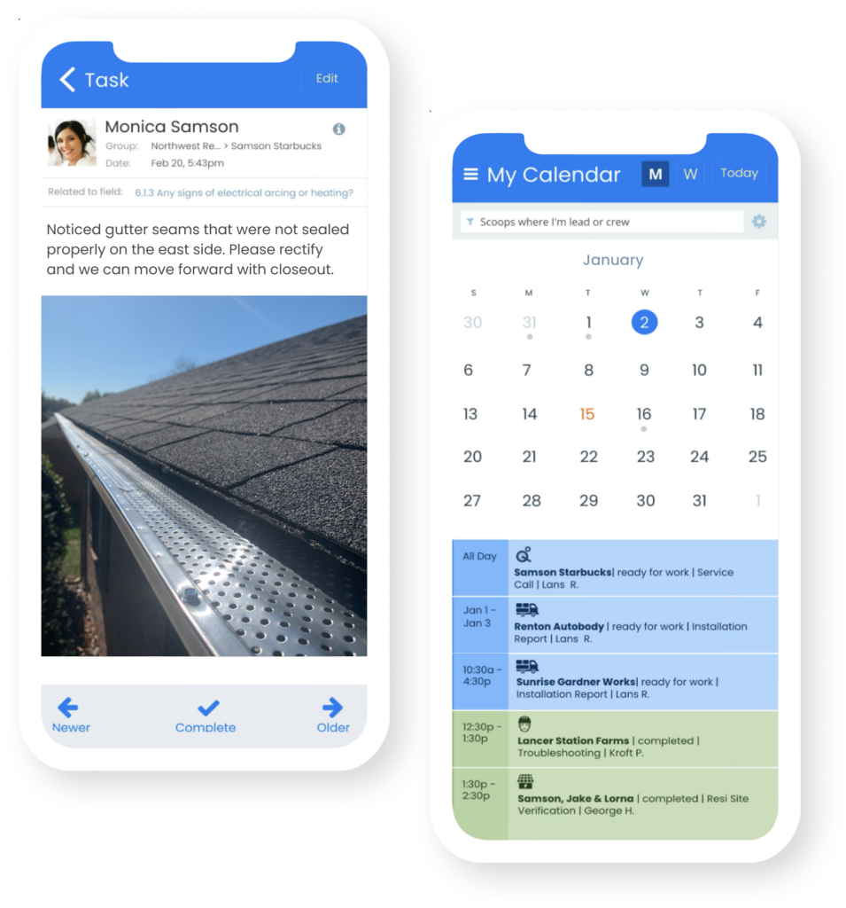 scoop mobile app for roofing project management task photo calendar