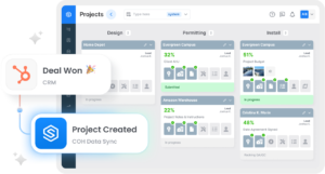 CRM and field operations workflow showing project creation and operational data sync after a deal is won.